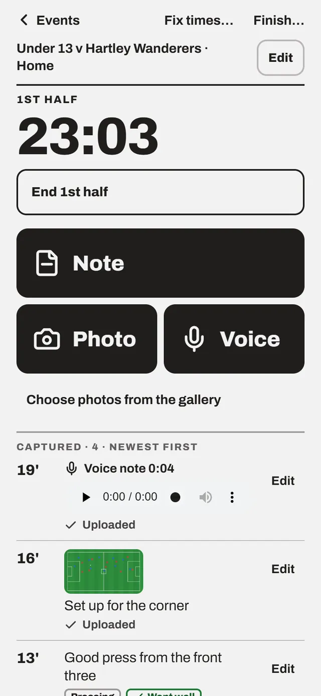 The live screen on a phone: the clock, one big button for the next moment, and Note, Photo and Voice