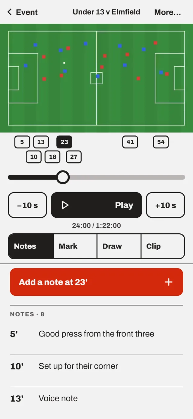 Video review on a phone: the pitch picture, the scrubber with the notes along it, and the notes below