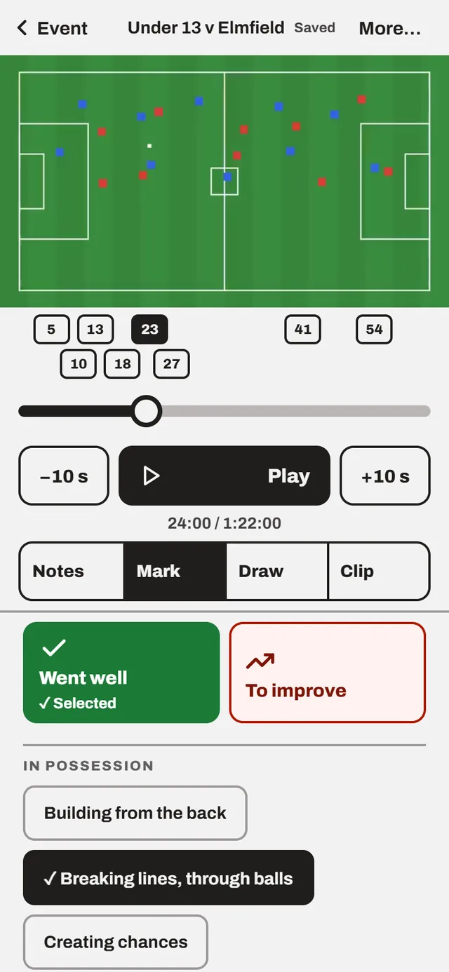 The Mark screen on a phone: a paused frame, two big buttons, Went well and To improve, and the kinds of moment to choose from