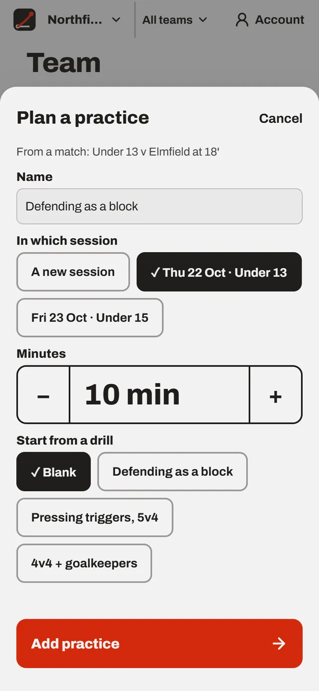 The Plan a practice sheet on a phone, making a practice from a moment marked in a match